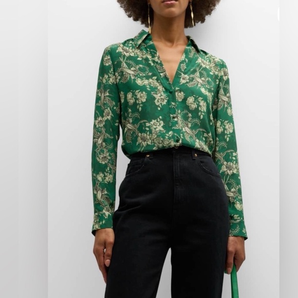 Alice + Olivia Tops - Alice + Olivia Eloise Blouse - Green Floral Button-Front Long-Sleeve Blouse